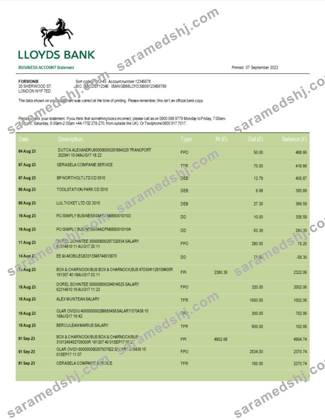 Lloyds Bank business account statement Word and PDF template